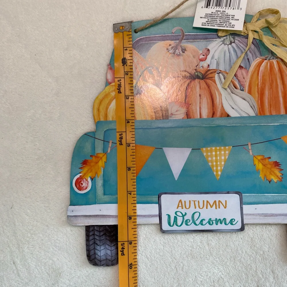 NWT Welcome Autumn Classic Blue Truck with Pumpkins Wall Door Sign
